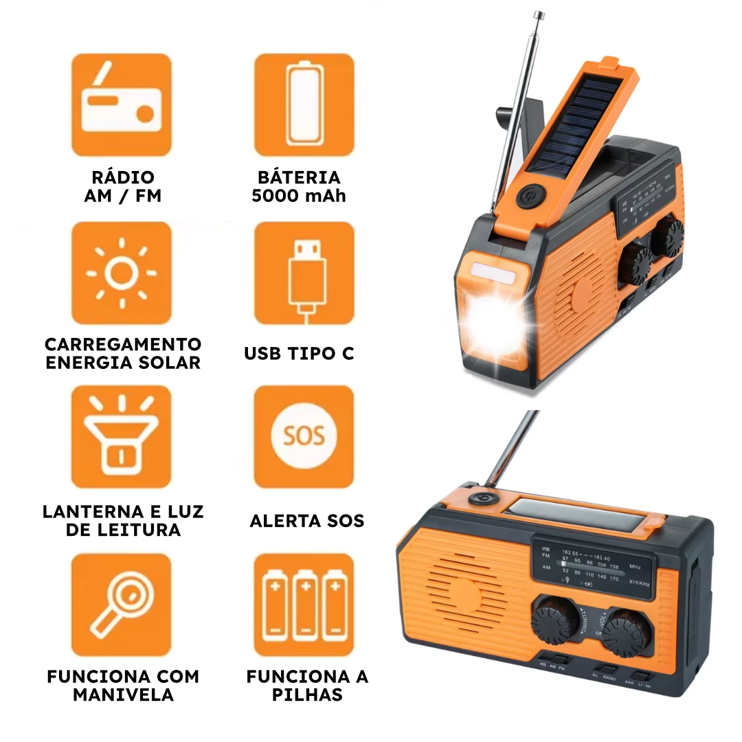 Rádio Solar de Emergência 5000mAh com Lanterna e Carregador USB